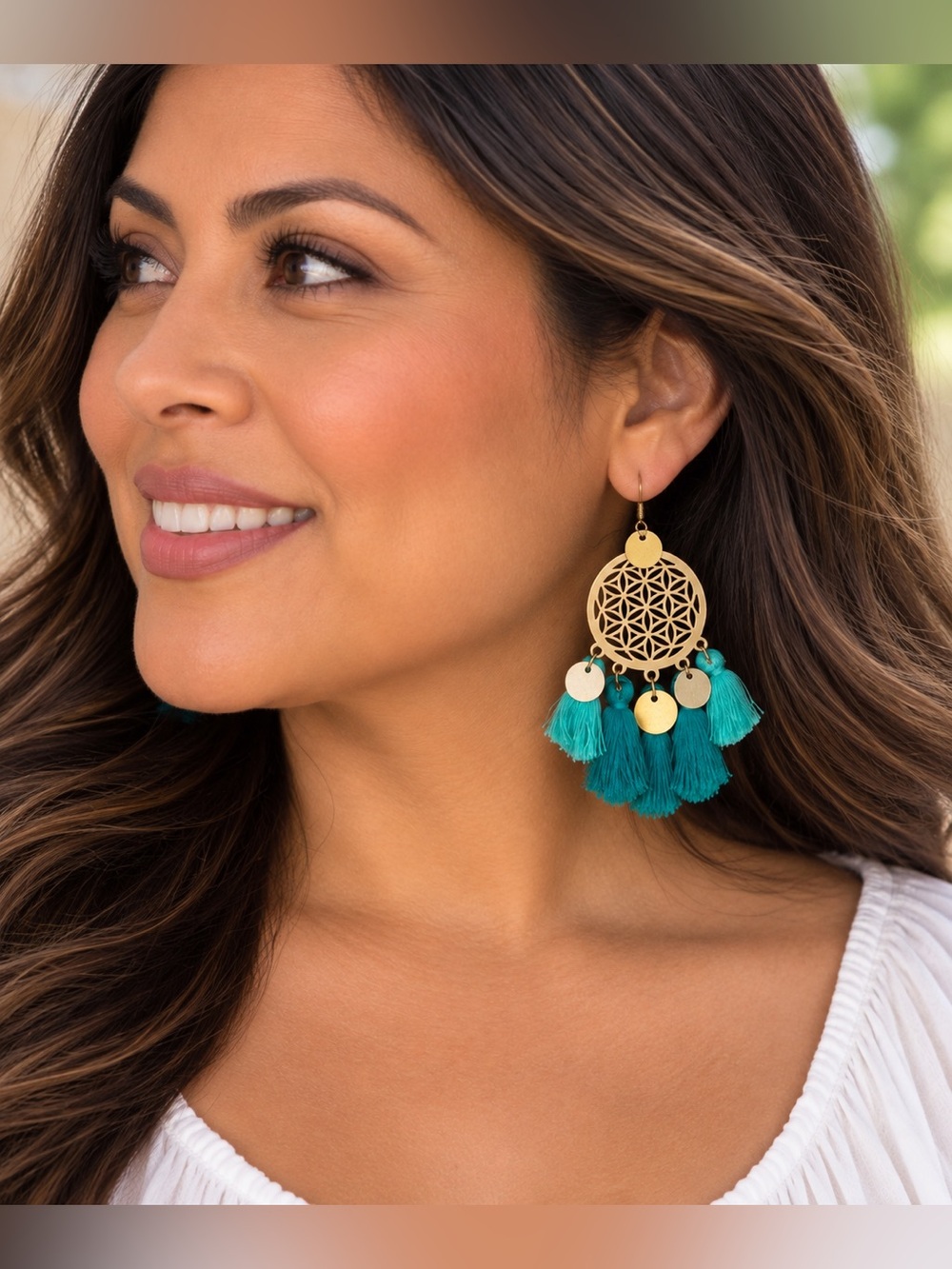 Turquoise Boho Statement Earrings Gold-Tone Geometric Medallion Tassel